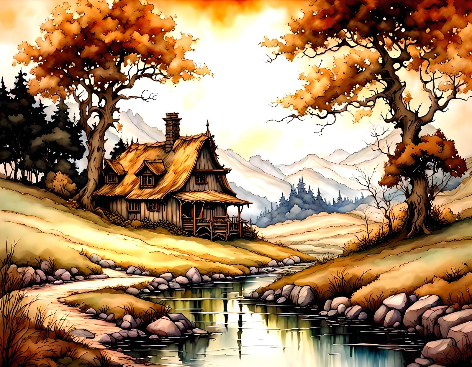 A beautiful landscape scene, palette no black, no white, ult...