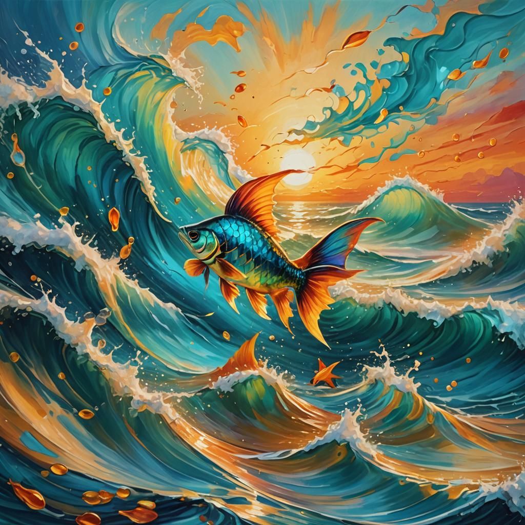 Flying Fish Leaps at Sunset: Impressionist Oil Painting