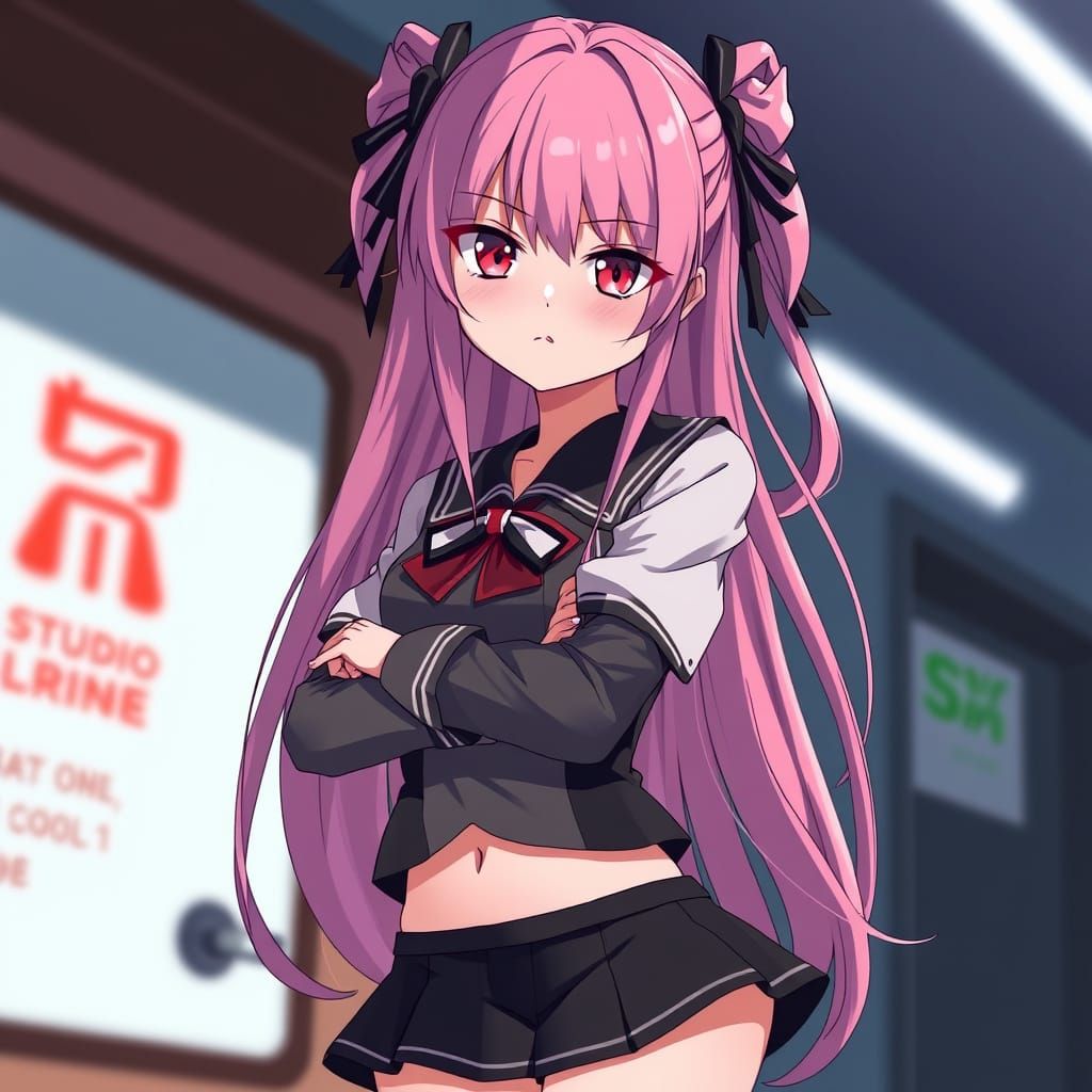 Anime Woman with Pink Hair in Manga Style