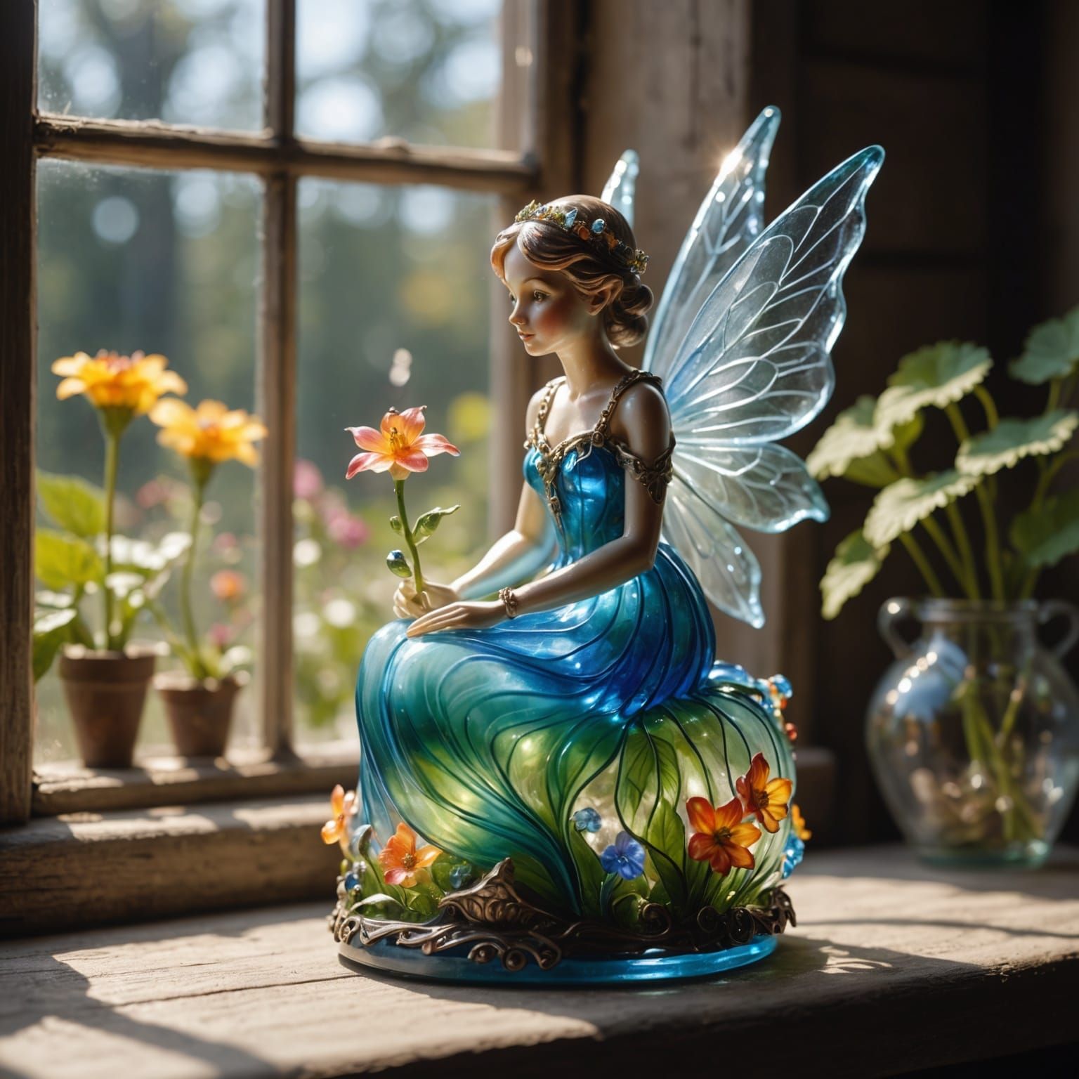 Enamelled Glass Fairy on a Windowsill