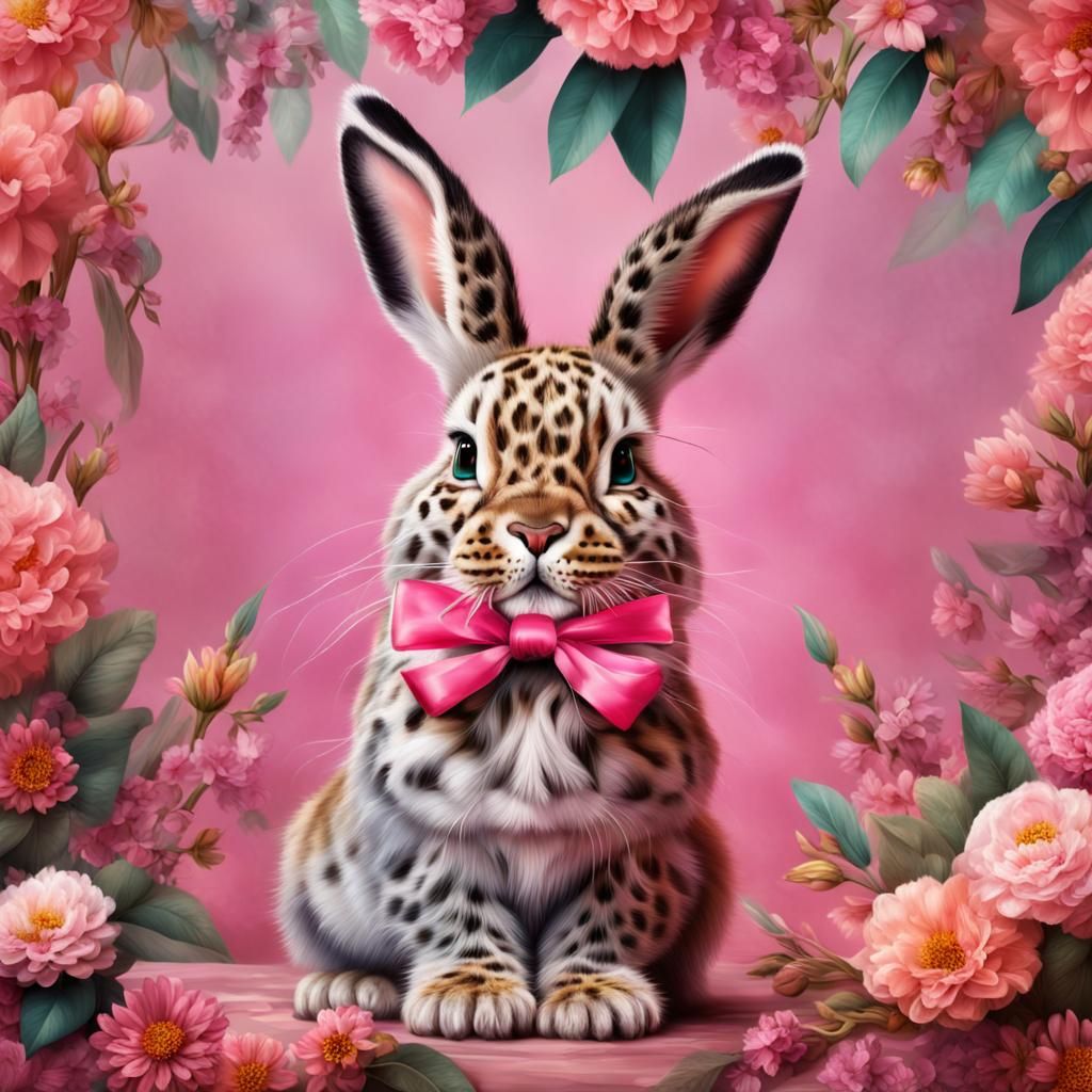 Leopard Print Rabbit with Pink Bow, Digital Painting