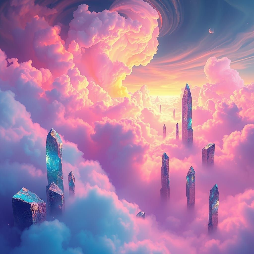 Dreamlike Surrealist Landscape with Iridescent Clouds and Cr...