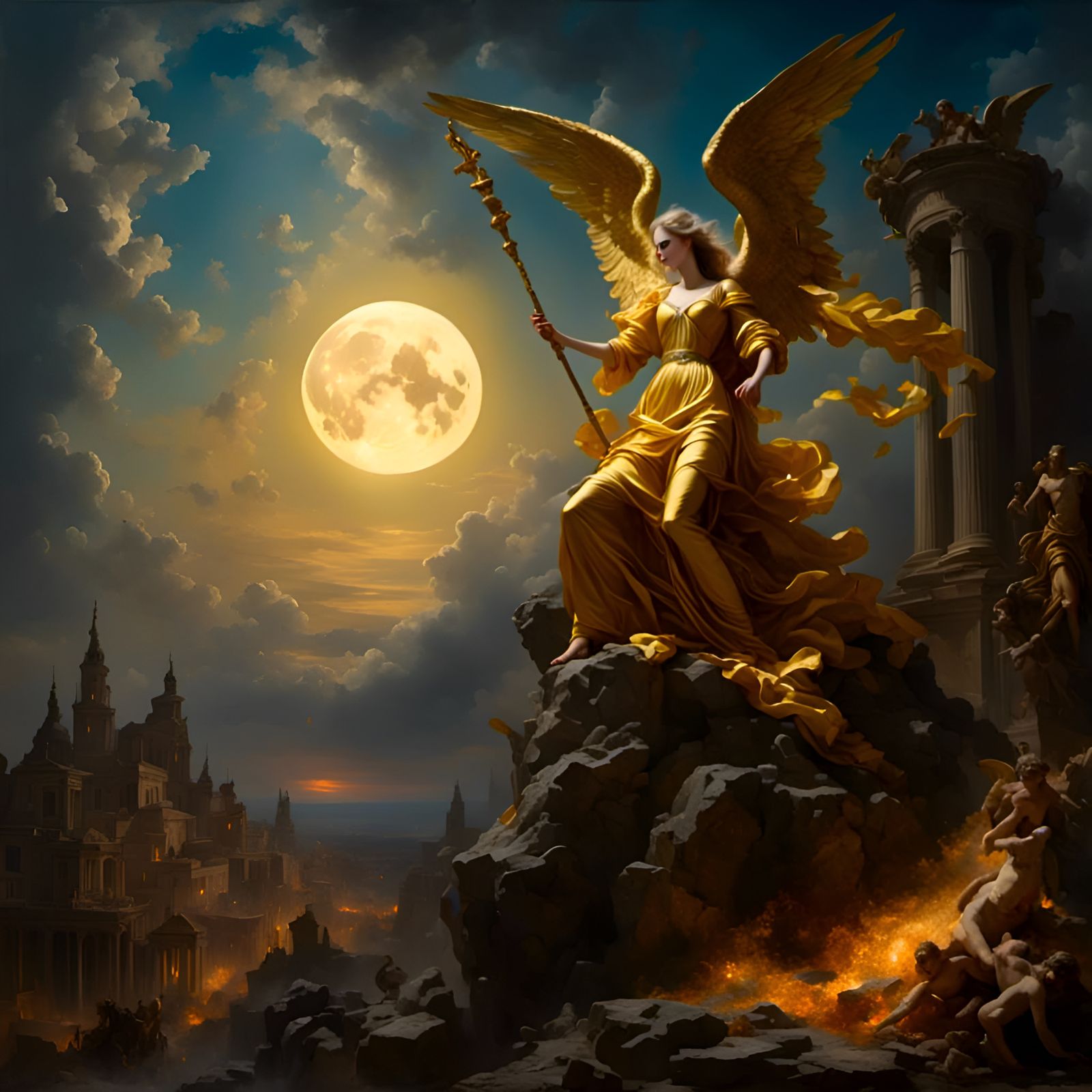 Golden Angel Over Burning City: 8K Action Painting