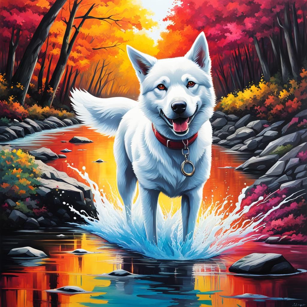 White Jindo Dog in River: Graffiti Art Style