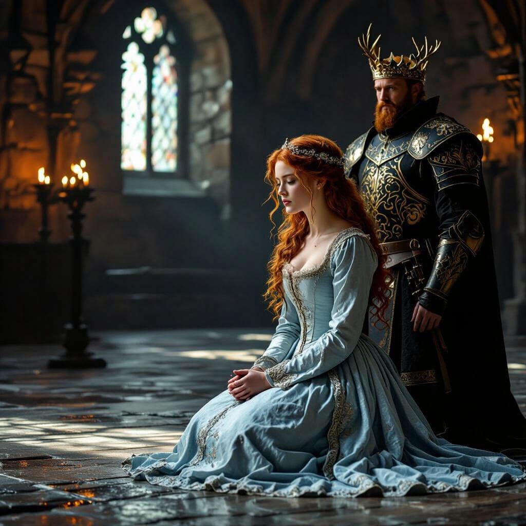 Fantasy Woman Pleads Before King in Castle Hall