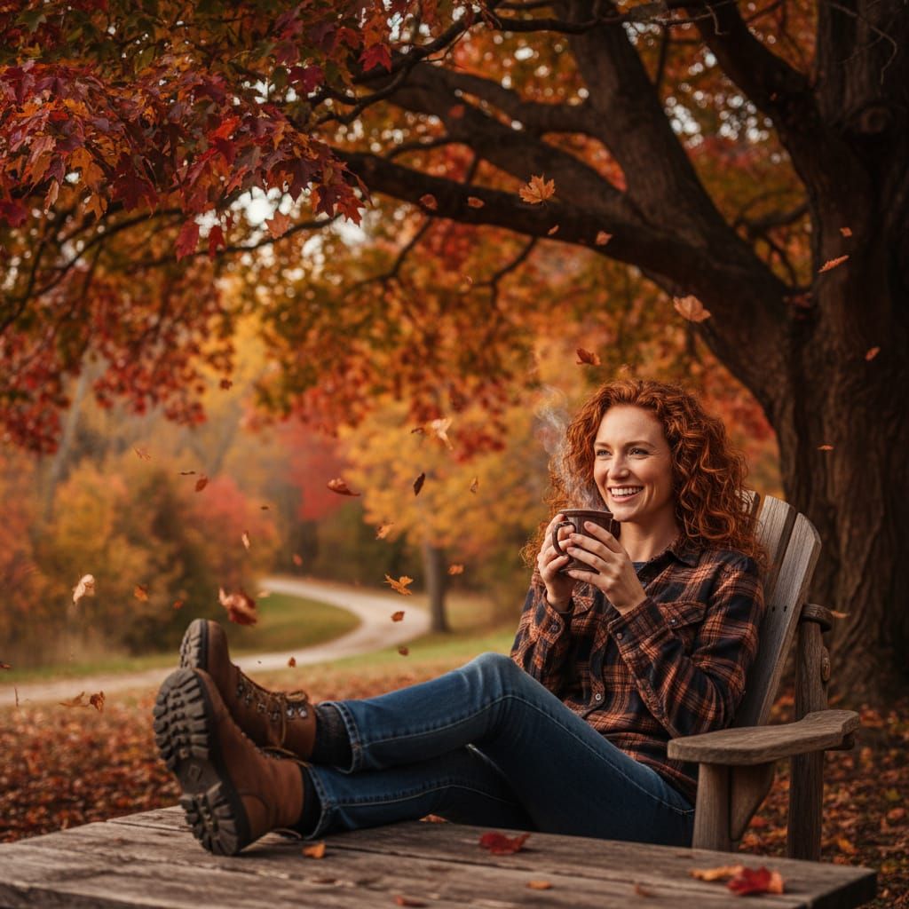 Woman Enjoys Hot Chocolate Under Autumn Tree