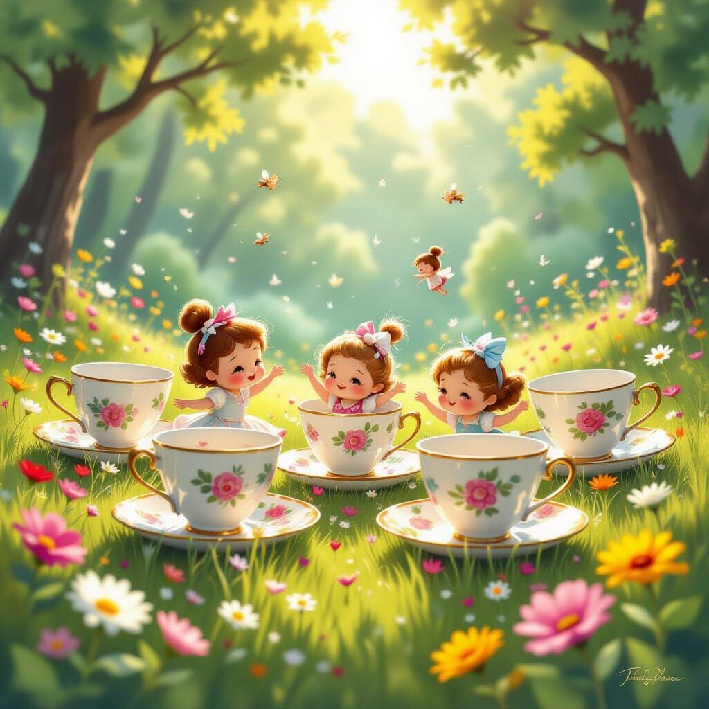 Dancing Teacups in a Magical Meadow Children's Book Style