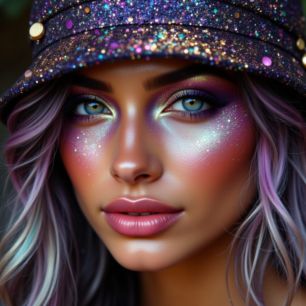 Exquisite Woman with Metallic Makeup in Hyperreal Style