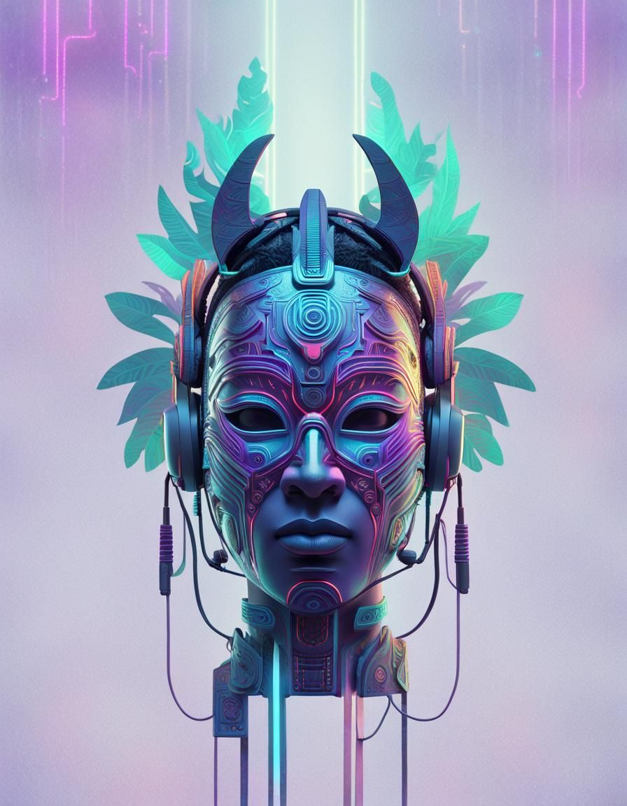 Neon Tribal Warrior in Futuristic Jungle Temple
