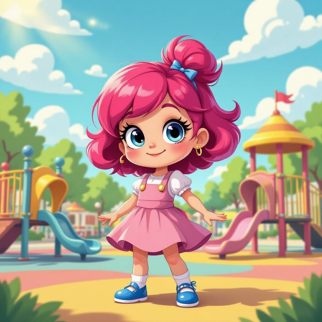 Energetic Girl in Whimsical Playground Cartoon
