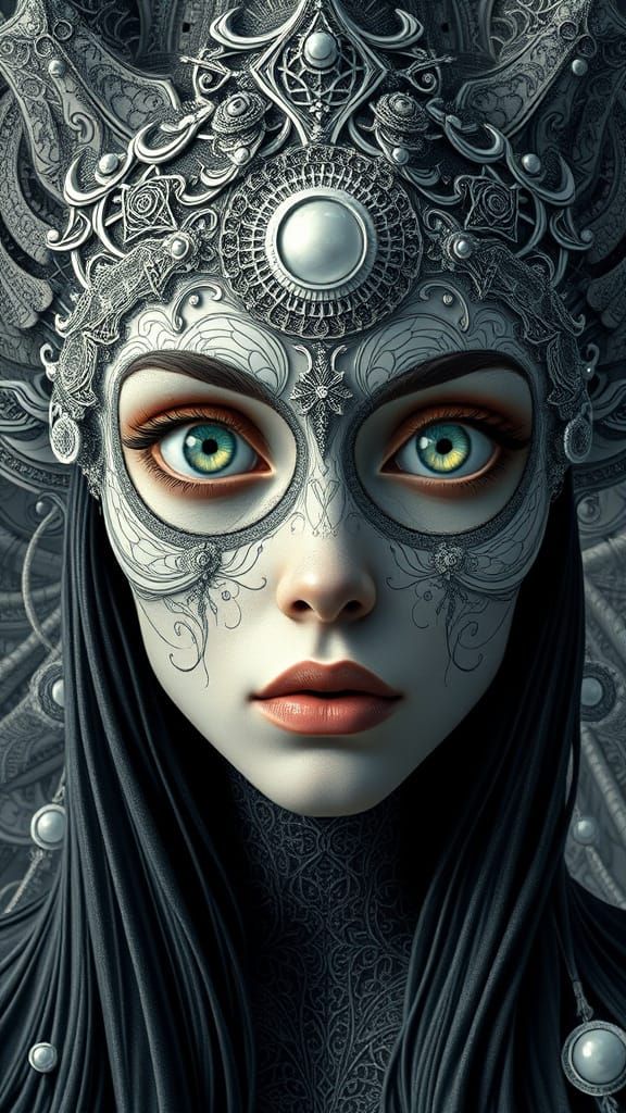 Surreal Goddess Emerges from Cosmic Whirlpool in Silver Haze