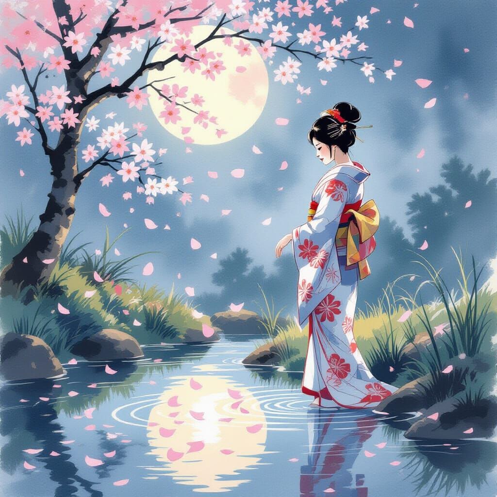 Serene Kimono Woman Beneath Cherry Blossoms
