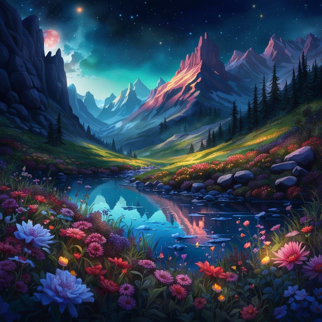 High Gothic Alpine Meadow Under Starry Night