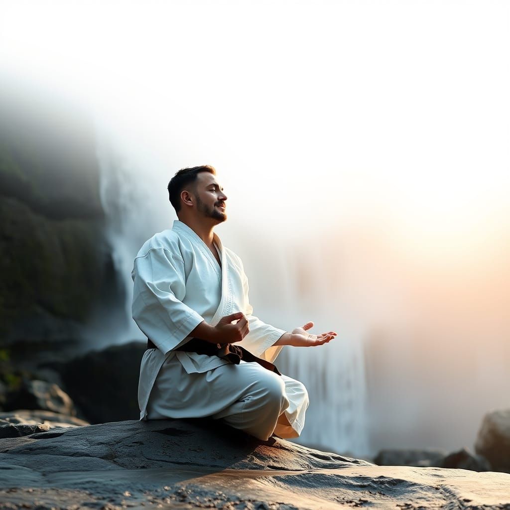 Meditating Martial Artist at Zen Waterfall