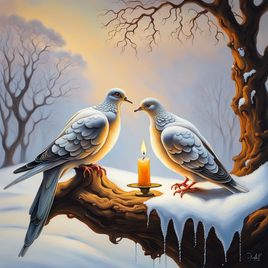 Doves in Love: Surrealist Winter Scene