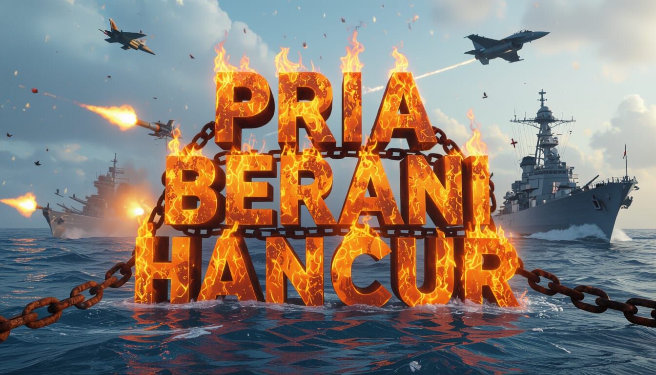 Flaming Text in Chains War Scene: Cinematic 3D Render