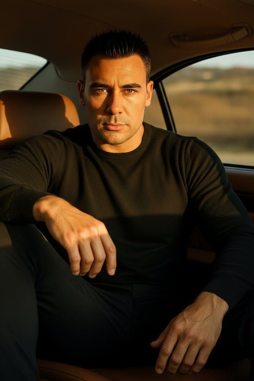A person sitting in the back seat of a car during golden hou...