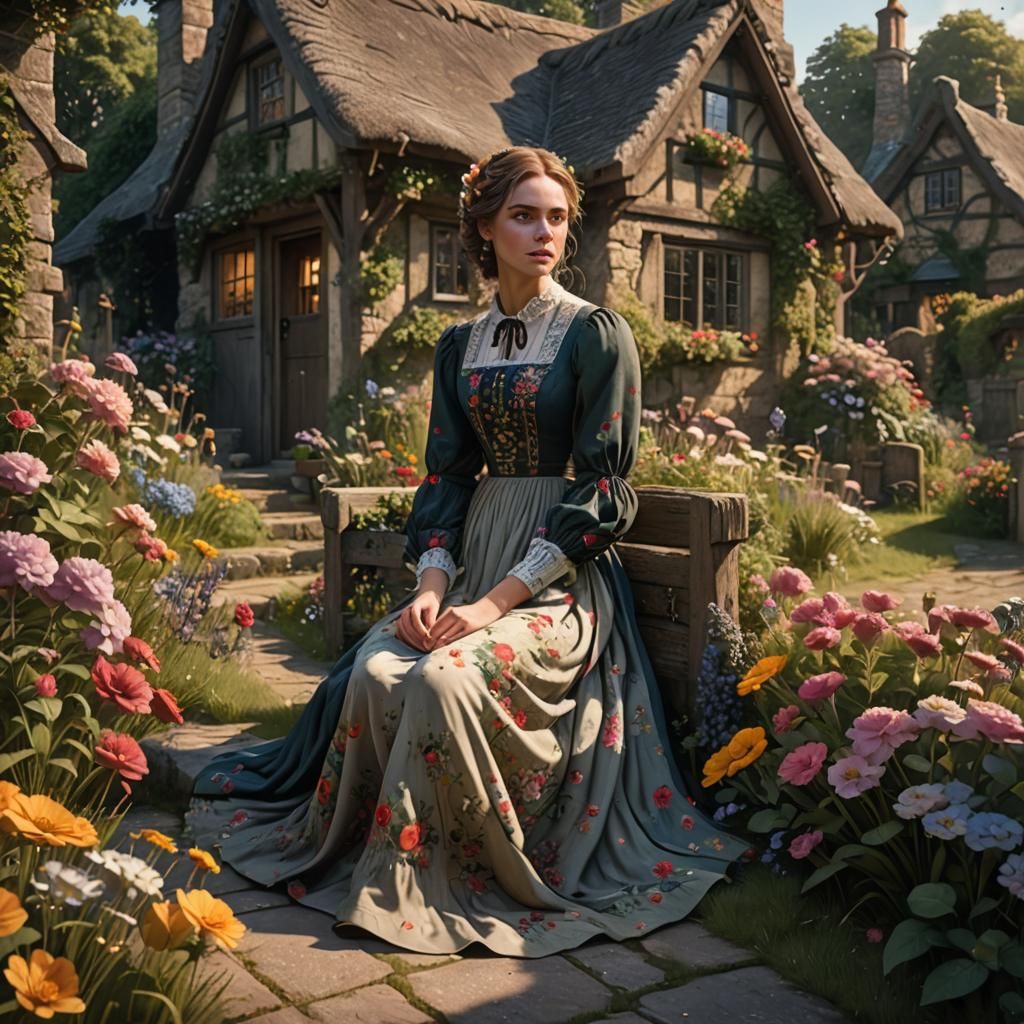 Girl at Flower-Covered Cottage, Fantasy Concept Art
