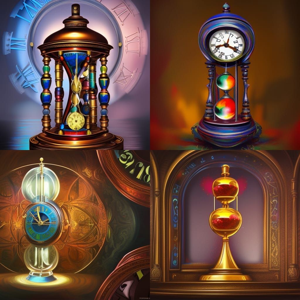 Colorful Clock Inside Hourglass: Fantasy Oil Painting
