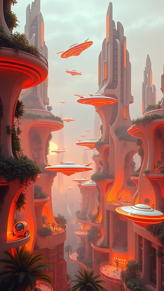 Retro-Futuristic Cityscape with Flying Cars and Gardens