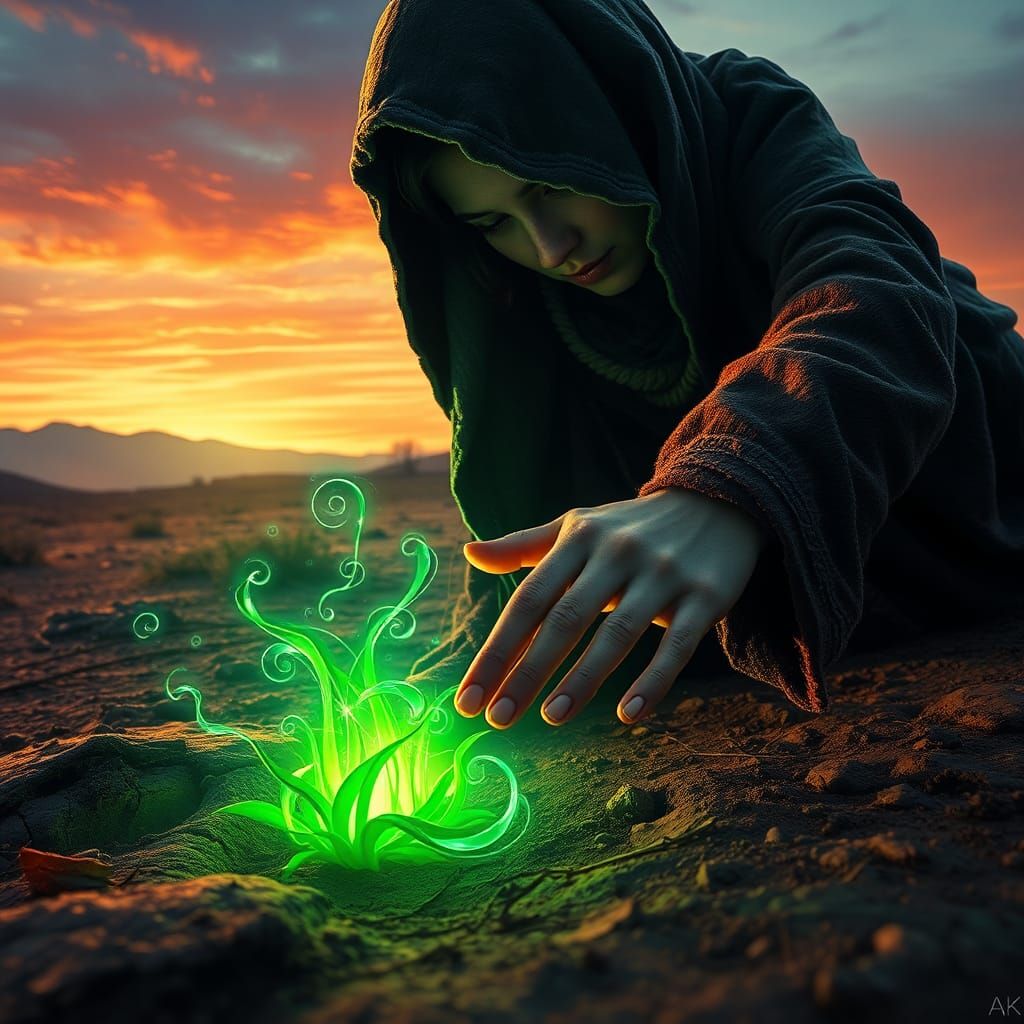 Shaman Revitalizes Barren Land with Glowing Energy