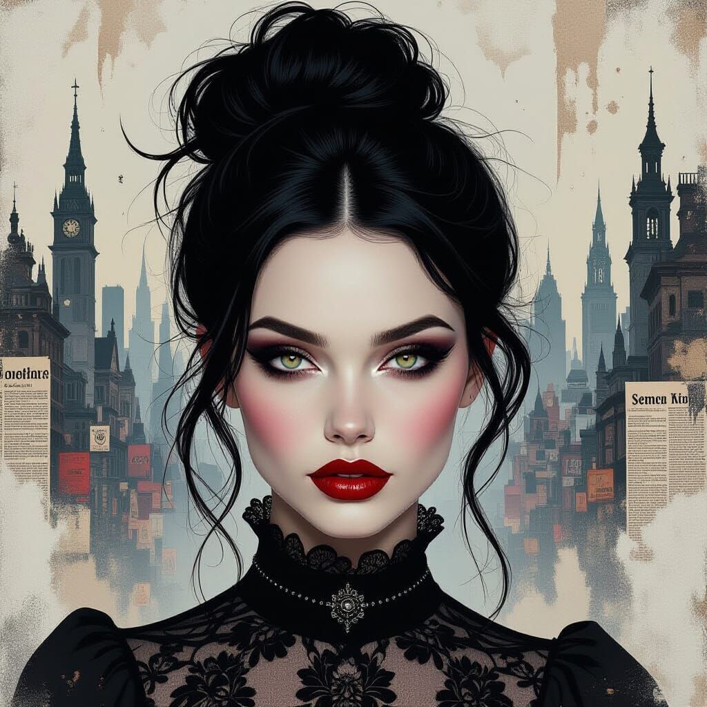 Gothic Woman Portrait in Surreal Cityscape
