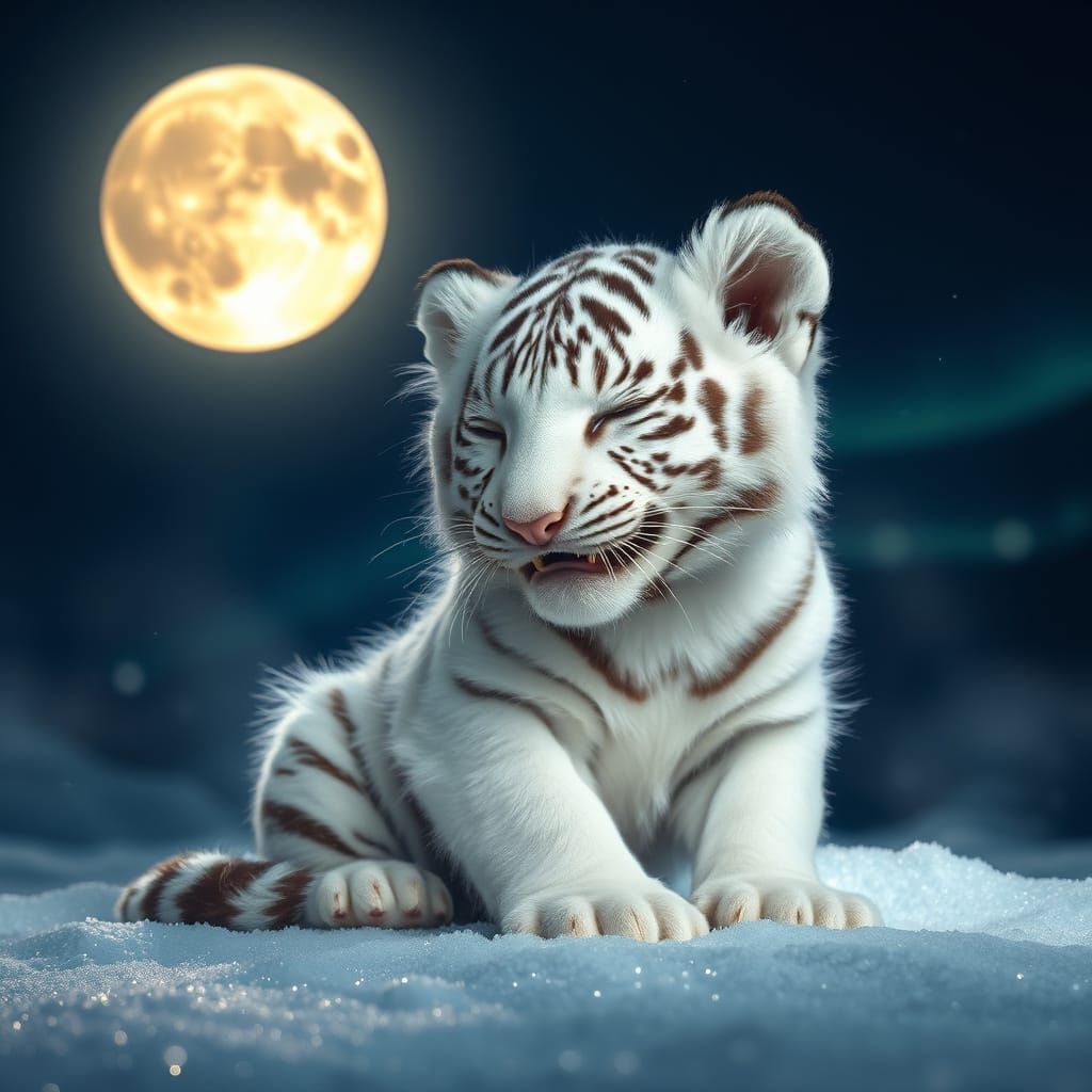 White Tiger Cub Under Enchanted Moonlit Sky