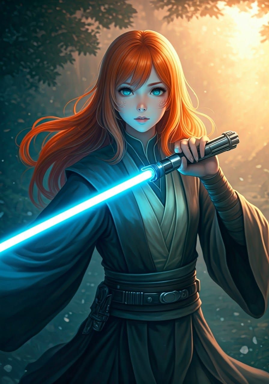 Anime Jedi with Aqua Lightsaber in Magical World