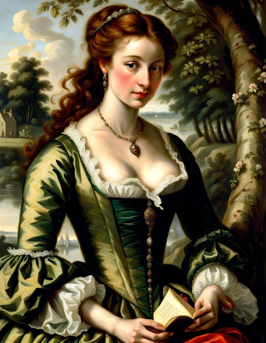 Young Woman Reading by River in Gainsborough Style