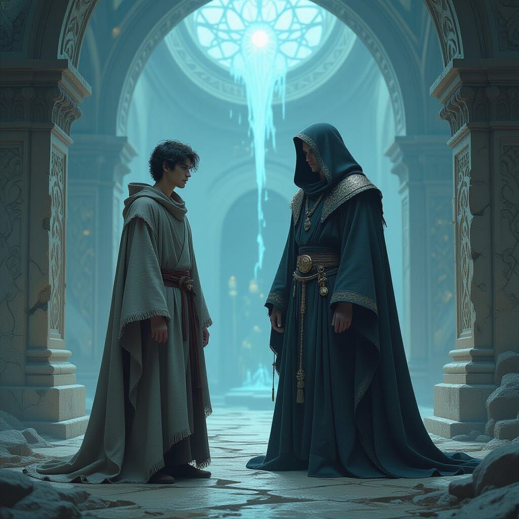 Mystical Sanctuary with Sorcerer in Retro Sci-Fi Style