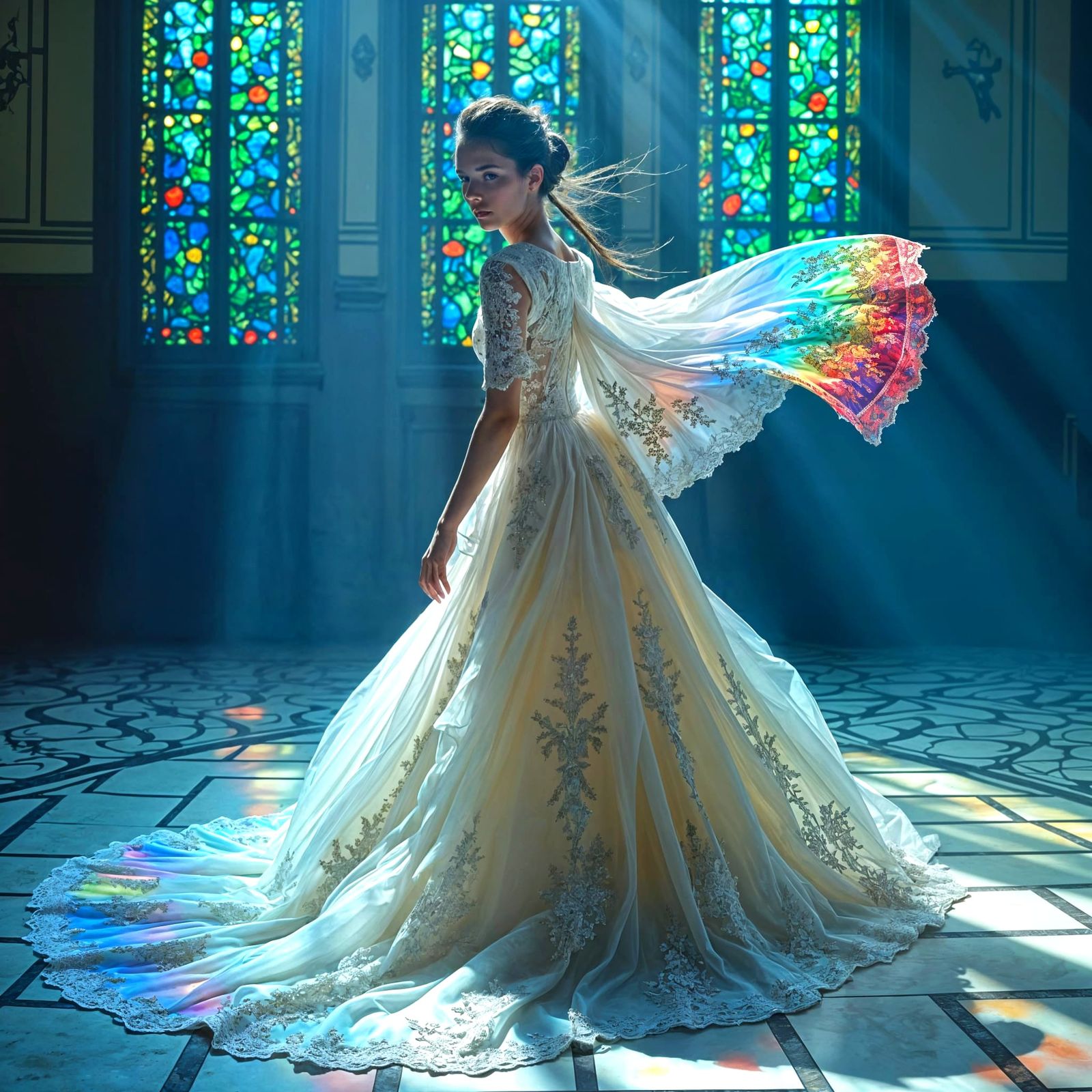 Stained Glass Church Window Illuminates a Dazzling Gown in a...
