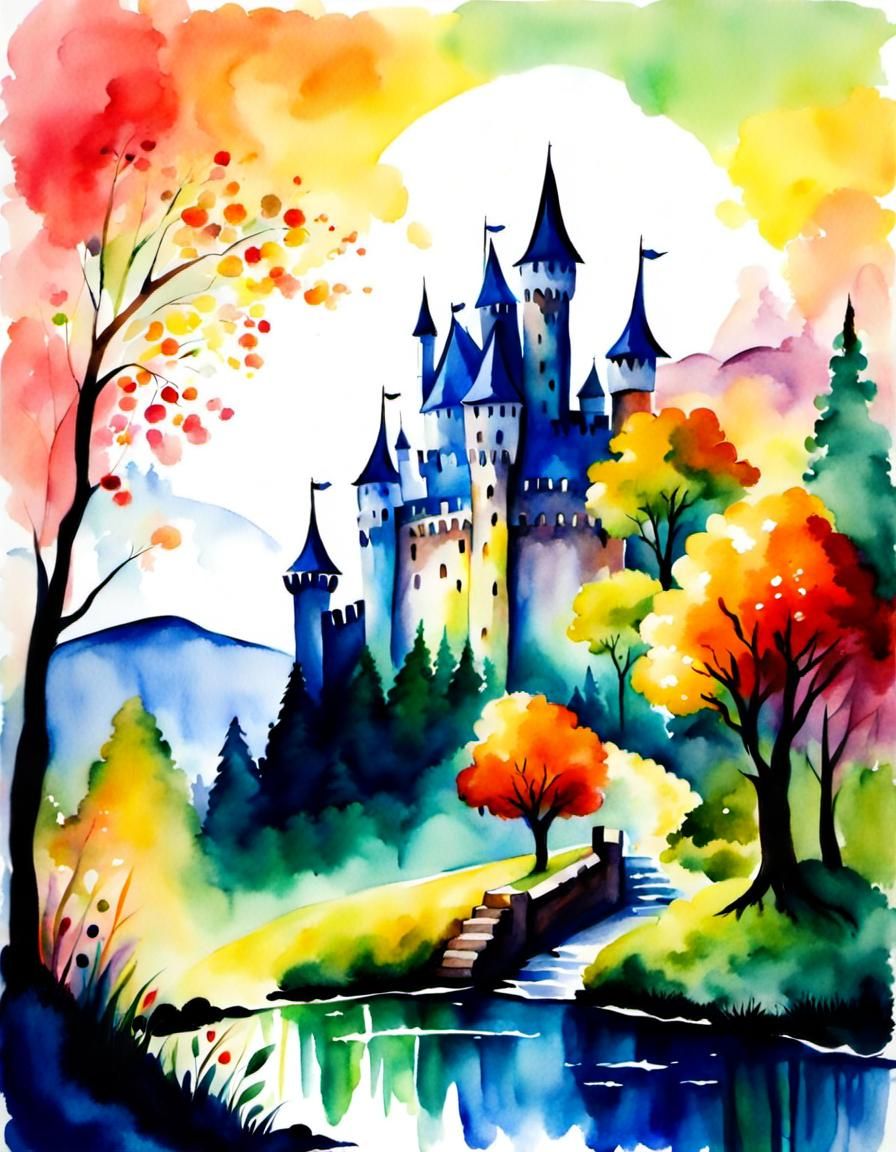 A sunny day by the fantasy fairy tale castle, watercolor painting