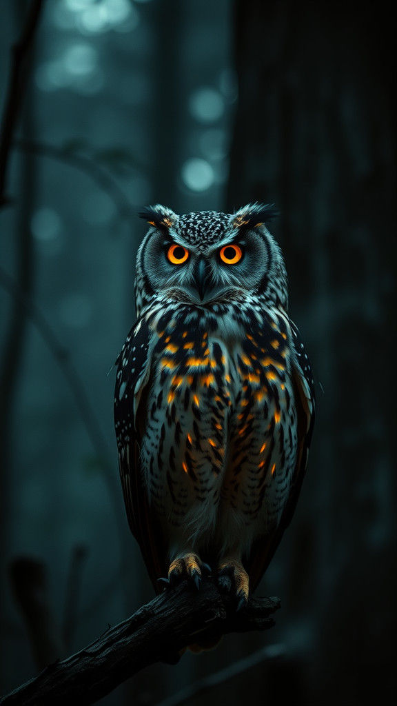 Glowing Owl in Gloomy Forest: Cinematic Film Still