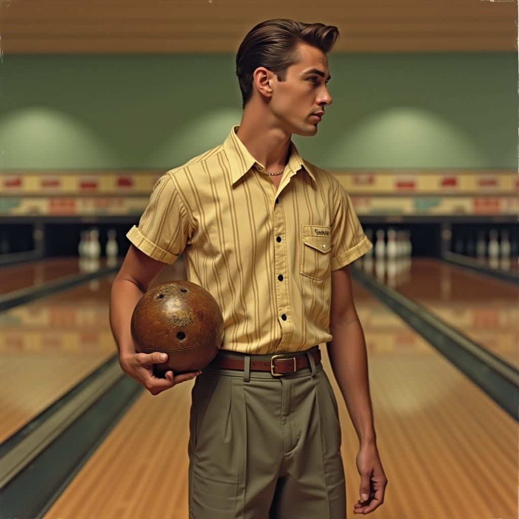 Man with Trophy at Bowling Alley in Retro Style