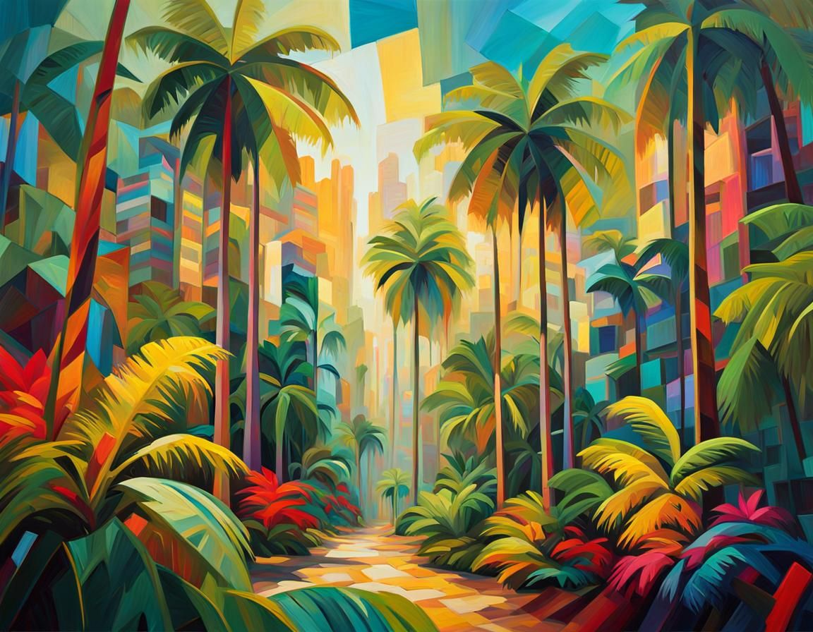 Vibrant Fauvist Paradise with Geometric Palm Trees
