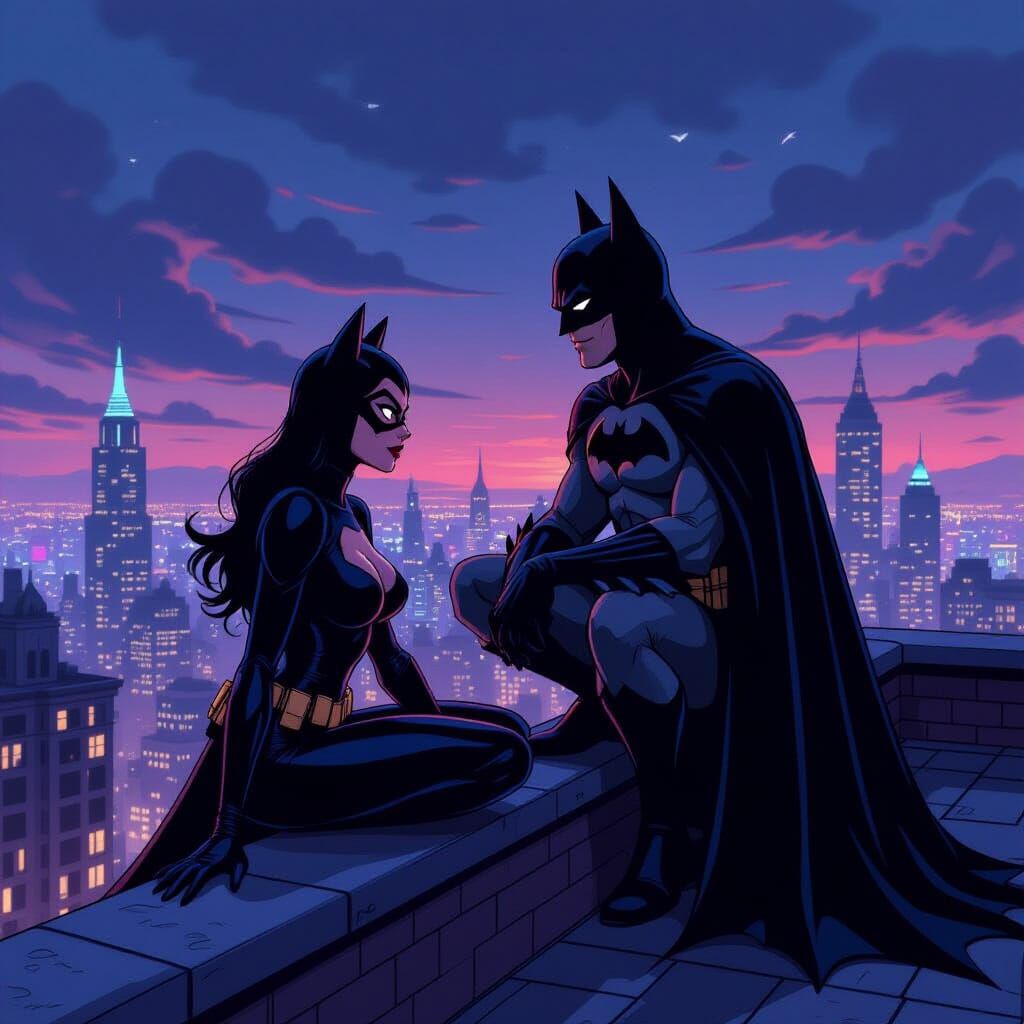 Batman and Catwoman on Rooftop in Dark Cartoon Style