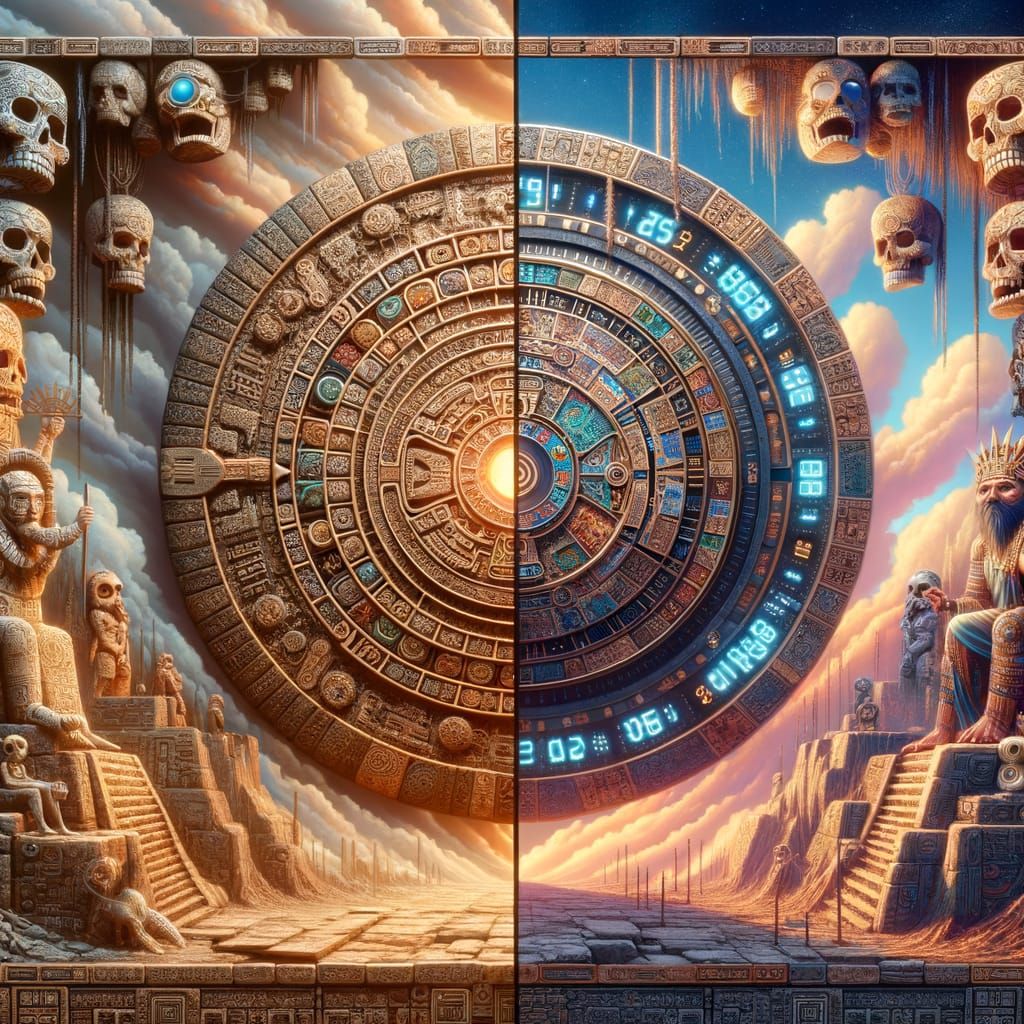 Mayan Calendar Meets Digital Clock in Fantasy Art