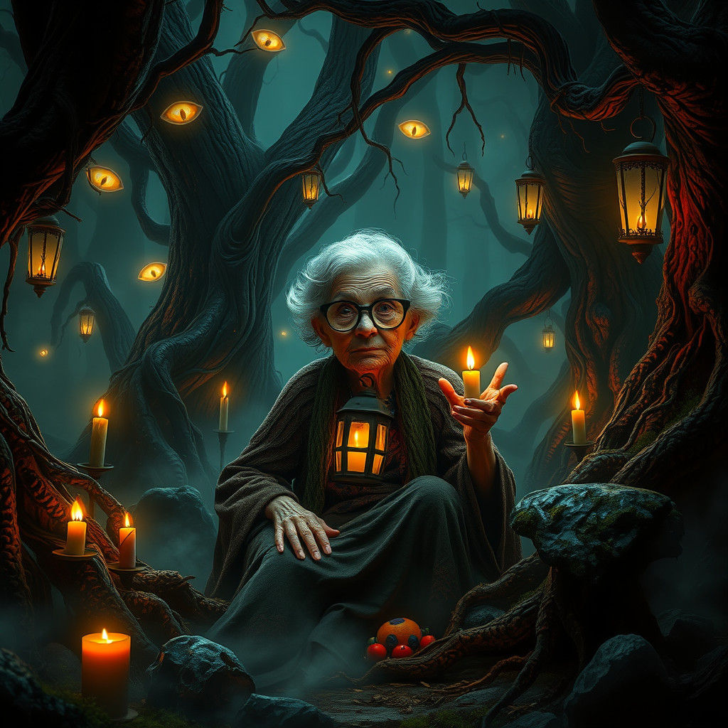 Eerie Grandmother in Mystical Forest, Fantasy Concept Art