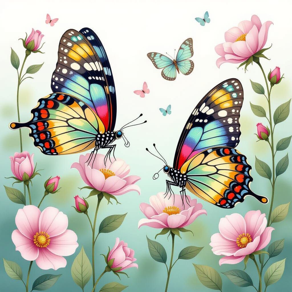 Exotic Butterflies in Gemstone Garden: Watercolor Painting