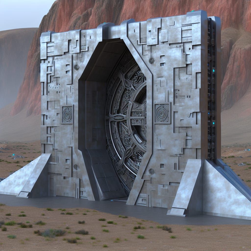 Futuristic Metallic Gate in Barren Landscape