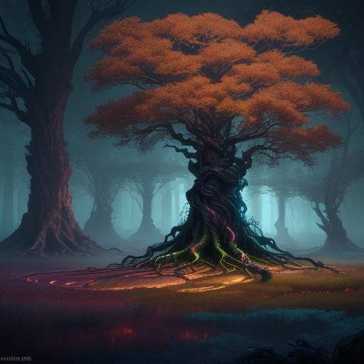 Mystical Tree X-Ray in Fantasy Landscape Art