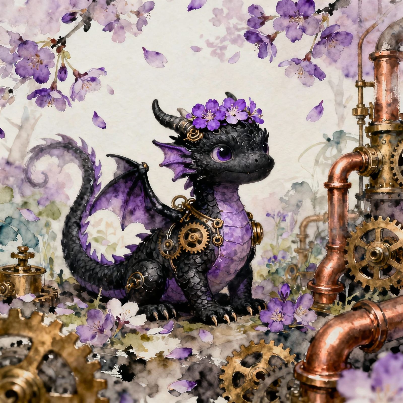 Steampunk Dragon Baby Amidst Cherry Blossoms