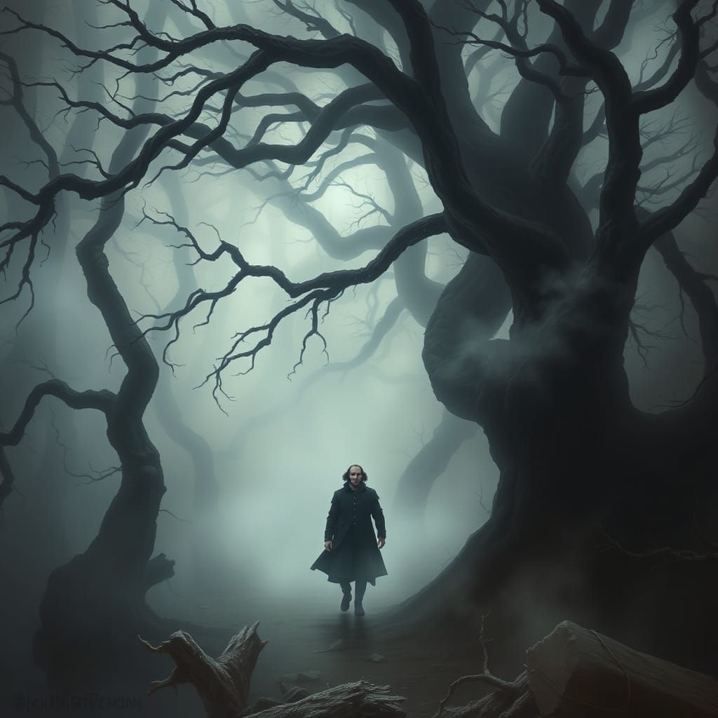 Shakespeare in Misty Forest, Dark Fantasy Painting