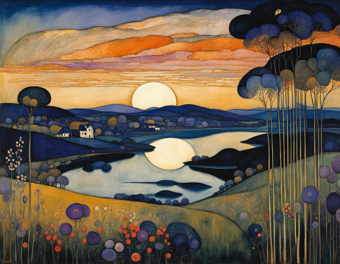 Blue Violet Landscape in Art Nouveau Style