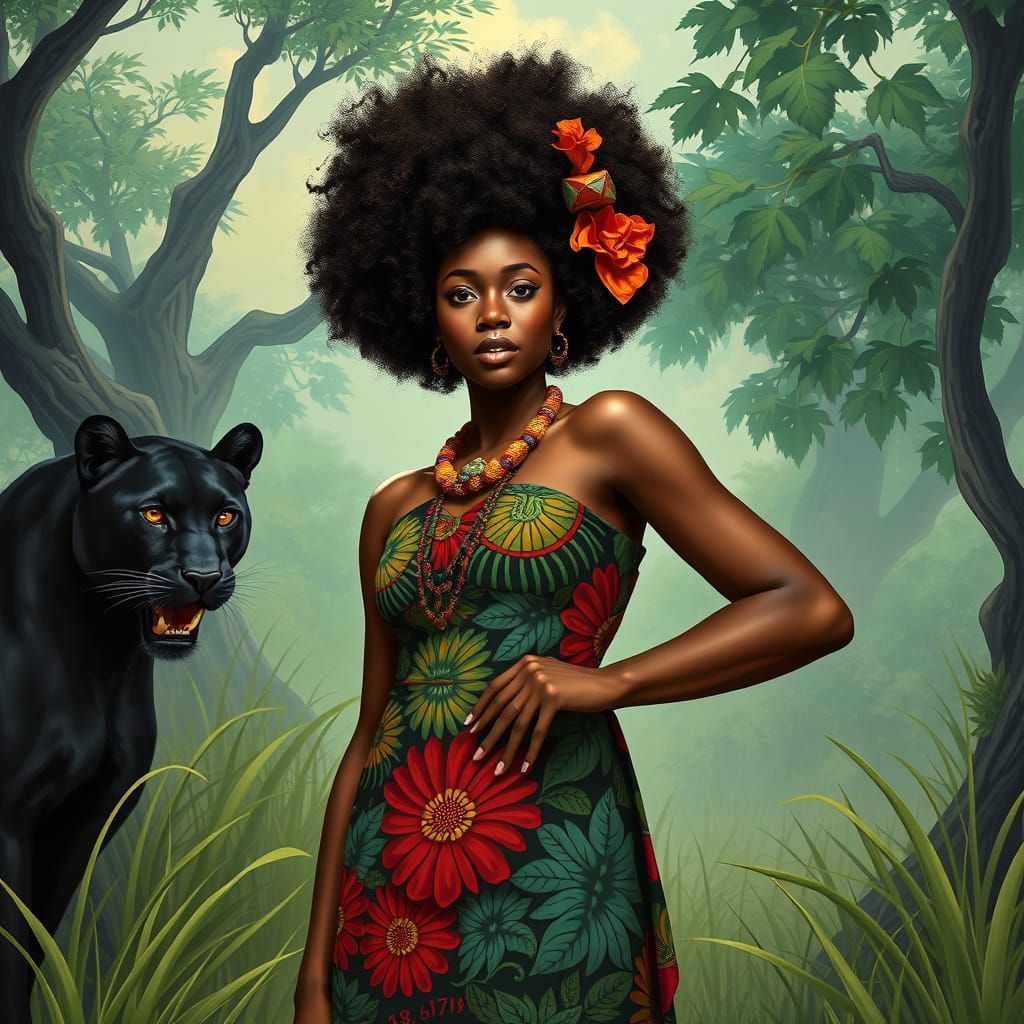 African Woman and Panther in Harlem Renaissance Style