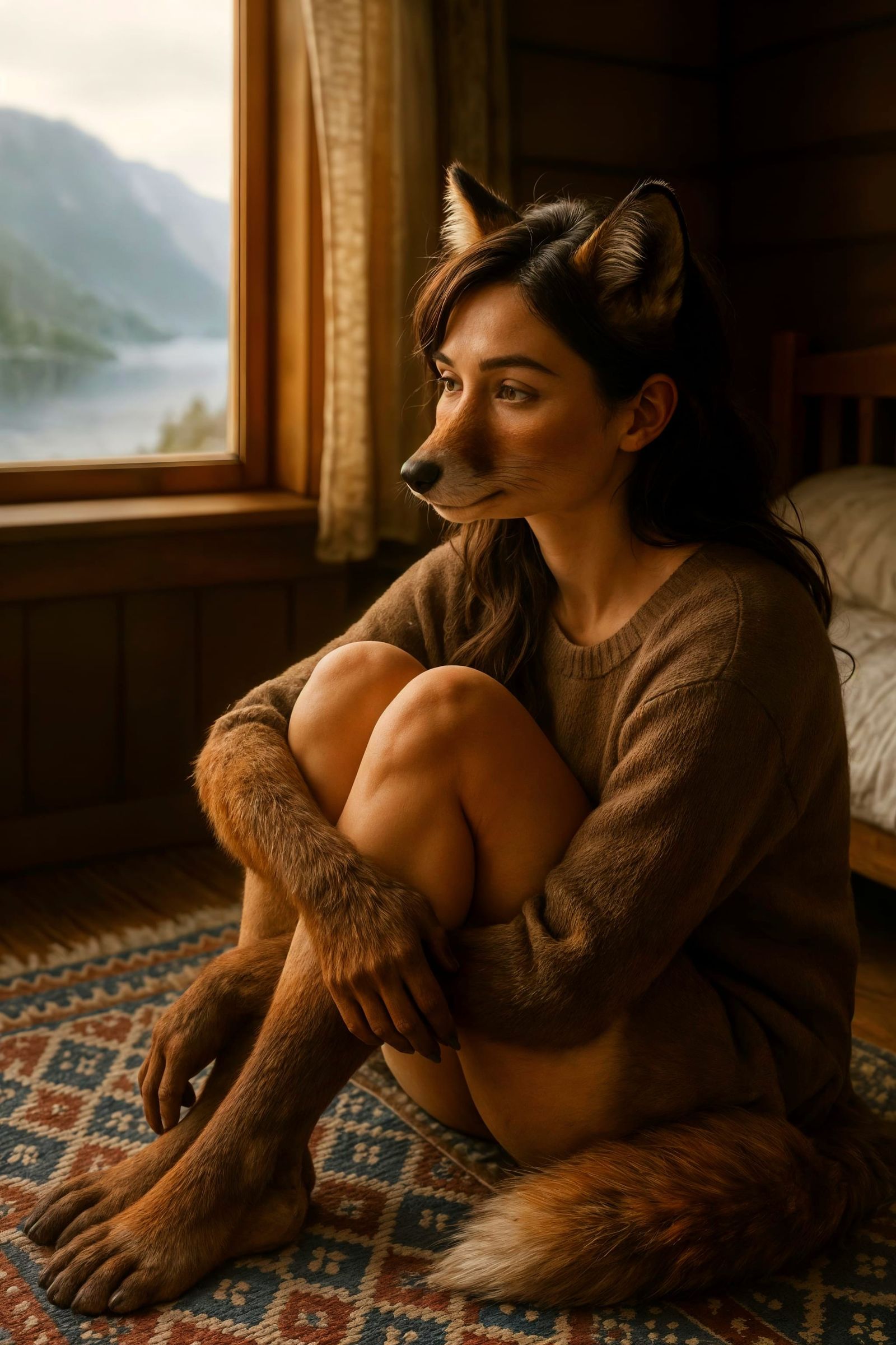 Fox-Human Hybrid Relaxing in Norwegian Bedroom