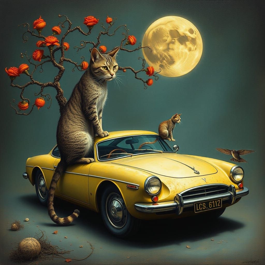 Hyperdetailed Surreal Car Scene with a Delicate Cat