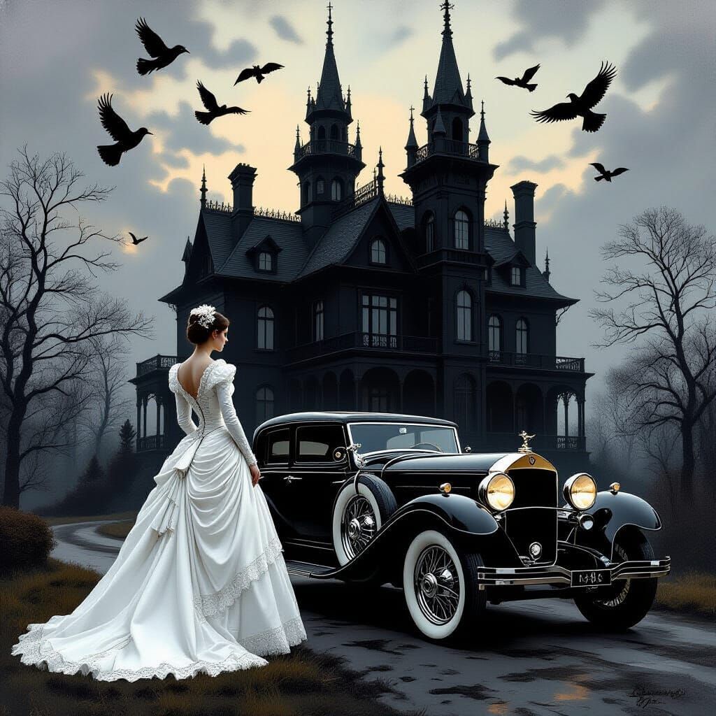 Gothic Lady in White Beside Dark Mansion
