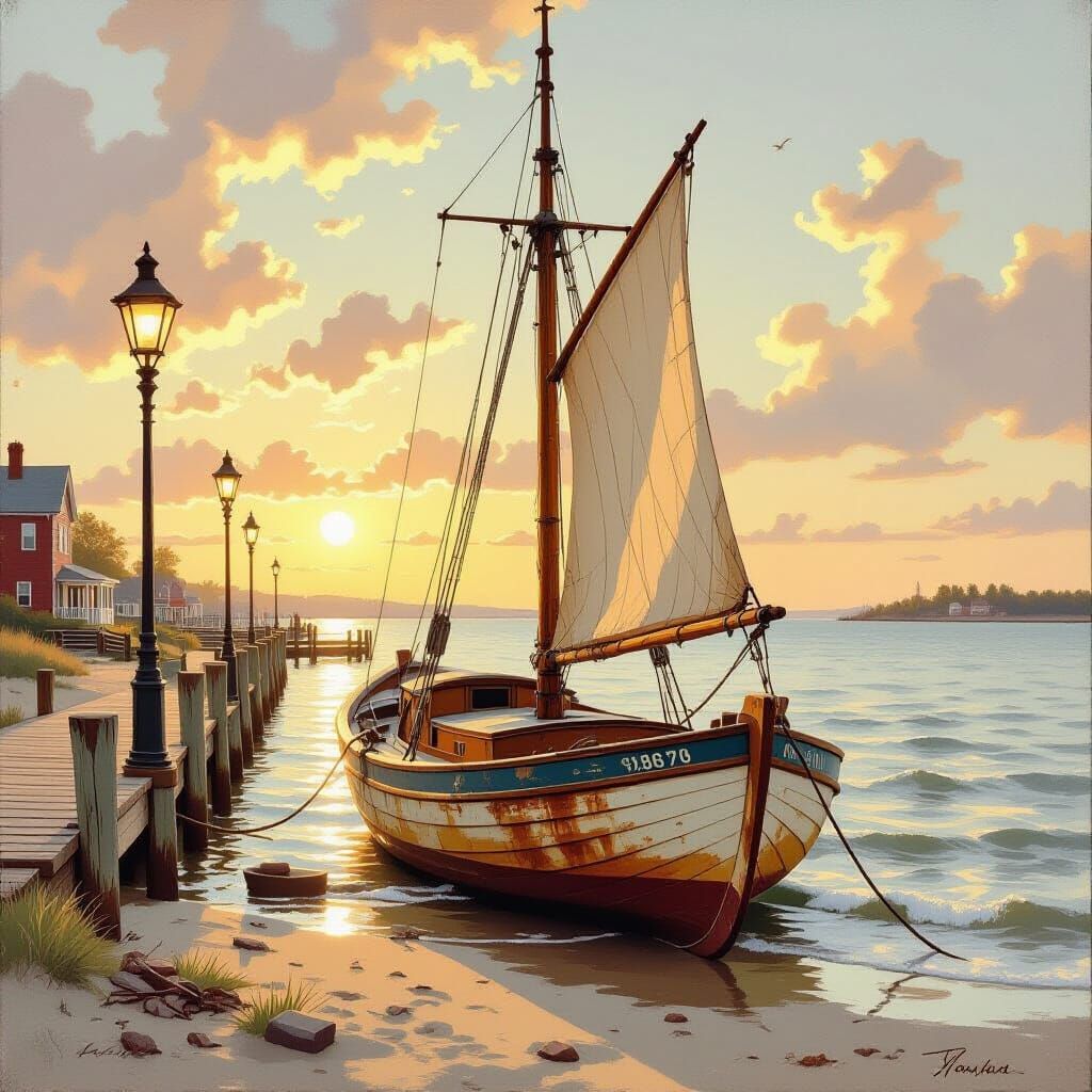 Vintage Sailboat Washes Ashore in Nostalgic Realism