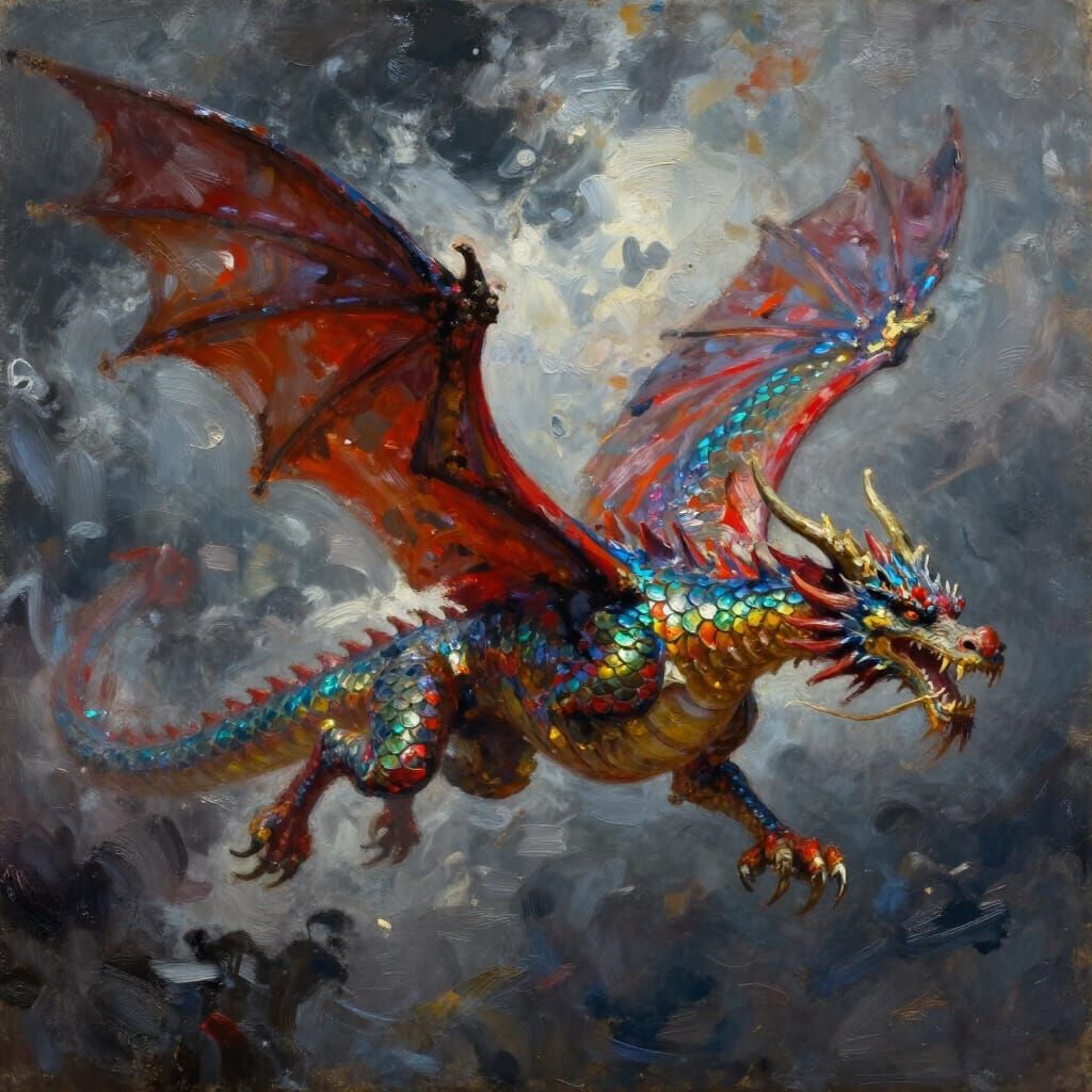 Majestic Dragon in Flight: Impasto Oil Painting